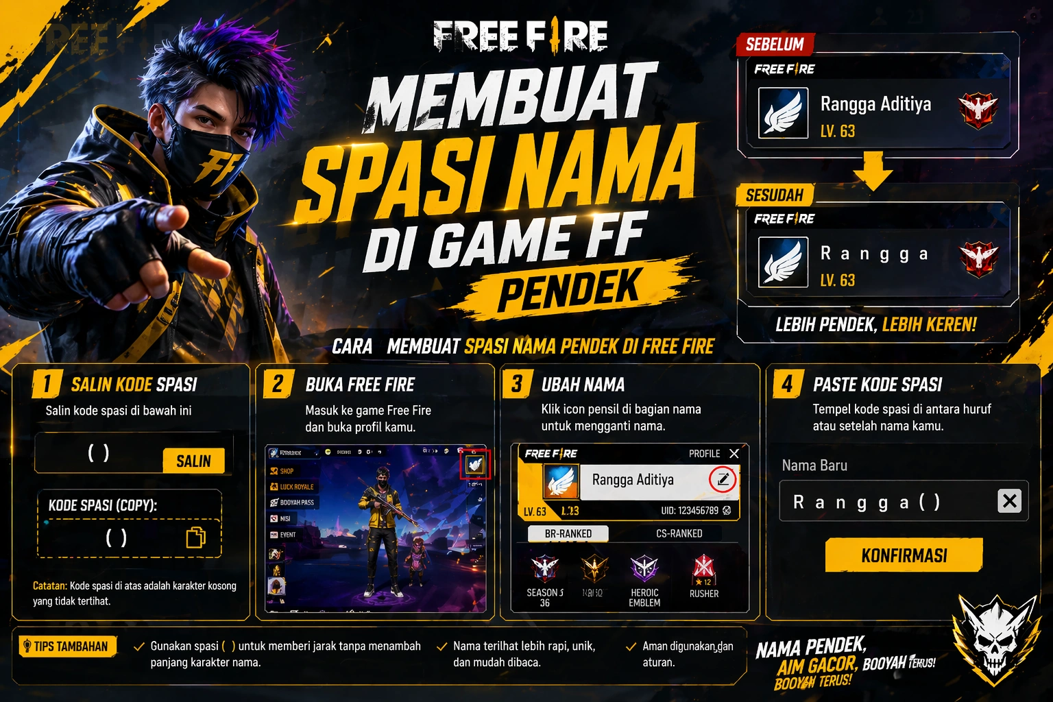 Cara Membuat Spasi Nama FF Pendek Panjang dan Contohnya